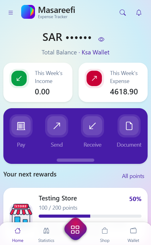 Masareefi dashboard with hidden balance, weekly totals, and Pay and Send actions